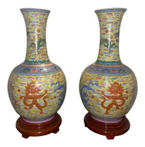 Early 20th Century Chinese Famille Rose Yellow Ground Dragon Vases - a Pair