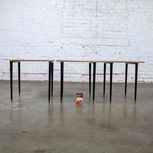 Mid-20th Century MCM Stacking Tables Walnut Veneer Tops Brass and Ebonized Legs Set of 3 For Sale - Image 18 of 18