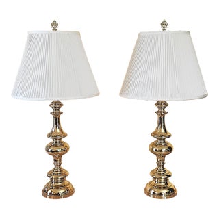 Pair of Tall Brass Table Lamps With Ivory Bell Shades – Hollywood Regency Style For Sale