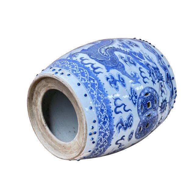 10" Chinese Blue White Porcelain Double Dragons Round Shape Stand Display Art For Sale - Image 13 of 18