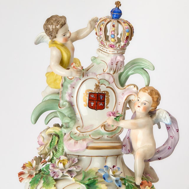 Late 19th Century Large Pair Antique Dresden Porcelain Three-Part Lidded Vases / Figural Handles For Sale - Image 5 of 9