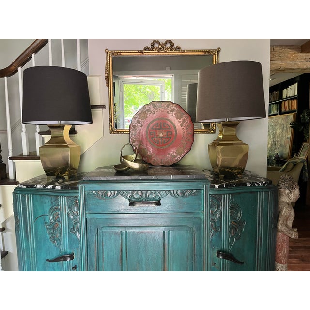 Brass Vintage 1970s Hollywood Regency Brass Urn Table Lamps With Black Shades - A Pair For Sale - Image 8 of 8