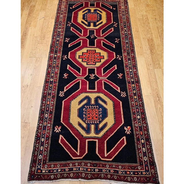 Blue Vintage Persian Runner, Hand-Knotted Wool Pile, Geometric Medallions, 1960s For Sale - Image 8 of 12