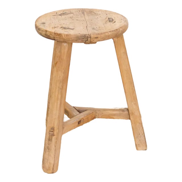 Bleached Wood Vintage Round Stool For Sale