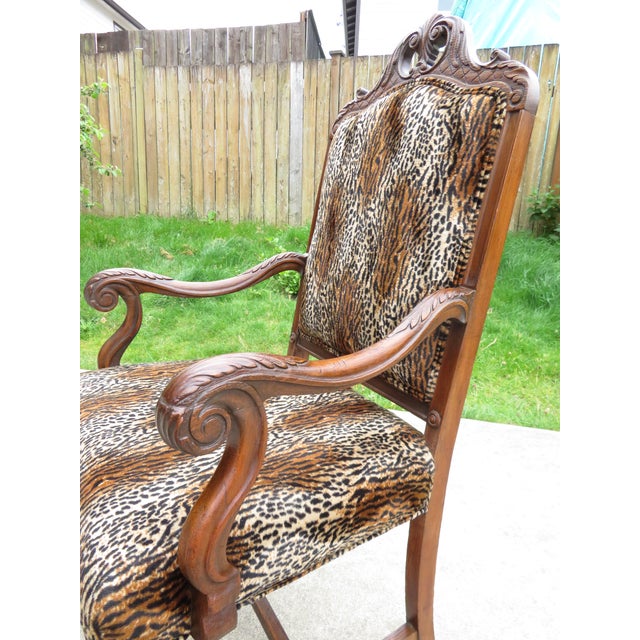 Antique Carved Wood Spanish Revival Arm Throne Chair W/ Leopard Tiger Jungle Cat Velvet Upholstery For Sale - Image 13 of 17