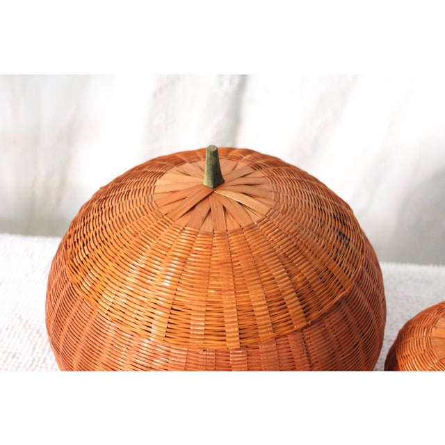 American 1980s Orange Pumpkin Wicker Baskets - Set of 2 For Sale - Image 3 of 6