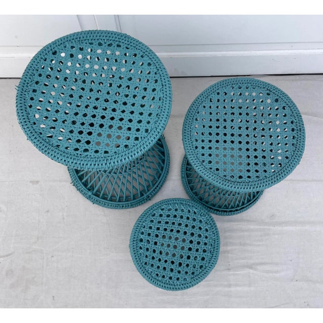 1970s Set of 3 Wicker Rattan Cane Woven Teal Blue Pedestal Stools For Sale - Image 9 of 10