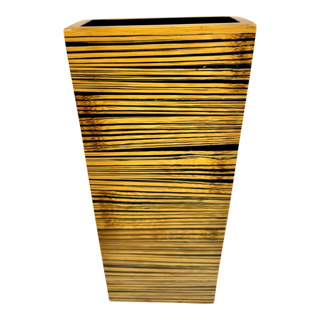 Vintage Tall Modernist Striped Bamboo Veneer Vase For Sale