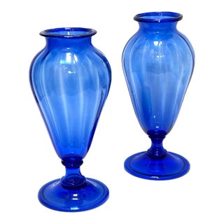 Large Pair Antique Murano Cobalt Blue Amphora Vases For Sale