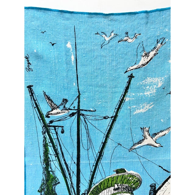 American Vintage Key West Hand-Printed Linen Towel – Suzie Zuzek Shrimp Boat Coastal Nautical 1960s For Sale - Image 3 of 10