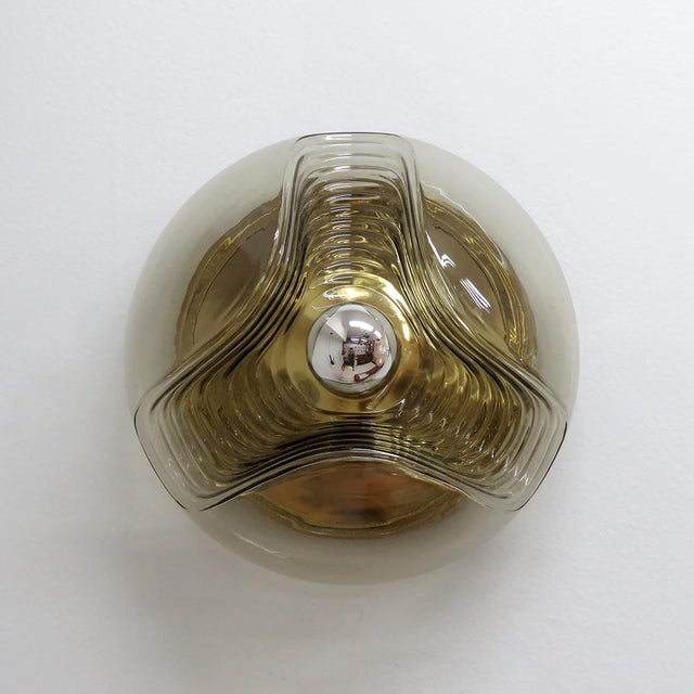 Timeless, molded smoked glass flush mount light ‘Futura’ by Peill & Putzler Germany, wall or ceiling mounted, wired for US...