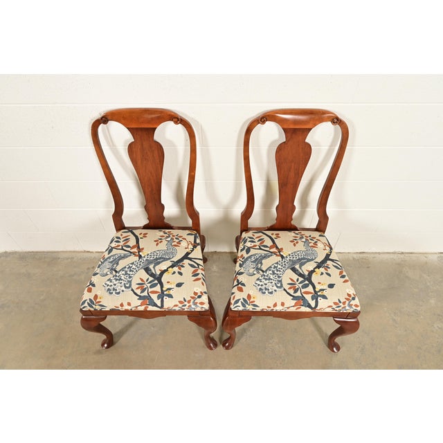 1980s Baker Furniture Queen Anne Carved Walnut Side Chairs or Dining Chairs, Pair For Sale - Image 5 of 14