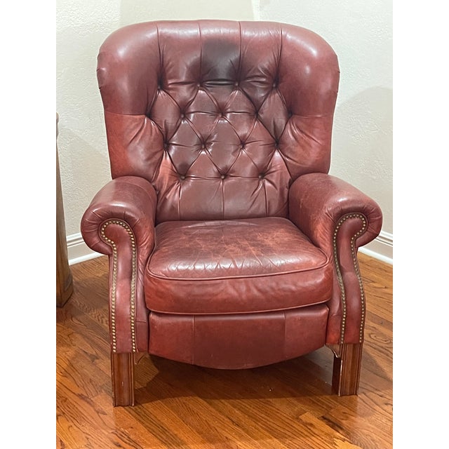 Burgundy Vintage Pair of Oxblood Tufted Leather Writers Recliner Armchairs For Sale - Image 8 of 10