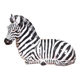 Mid 20th Century Italian Painted Terracotta Statue of a Brown Eyed Zebra Resting on the Ground For Sale