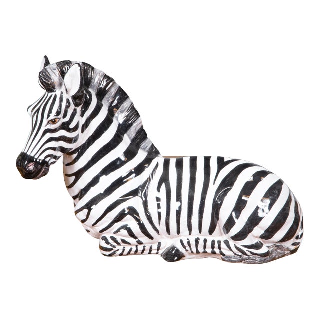 Mid 20th Century Italian Painted Terracotta Statue of a Brown Eyed Zebra Resting on the Ground For Sale