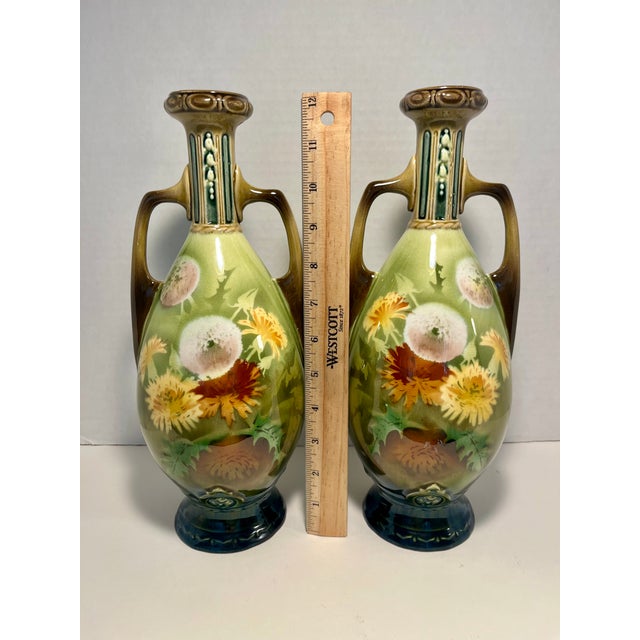Light Green A Pair of Antique Art Nouveau Hand-Painted Ceramic Vases Dandelion Motif 12"h For Sale - Image 8 of 8