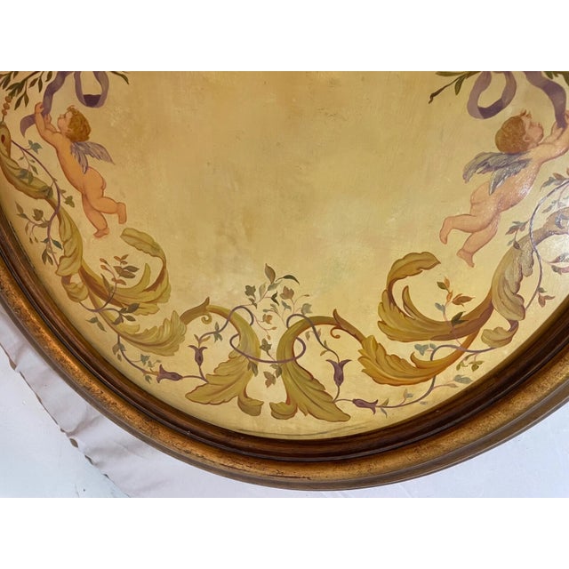 Pair of 2 Large Vintage Oval Original Hand Painted Oil Painting Cherub Frescos For Sale - Image 11 of 15