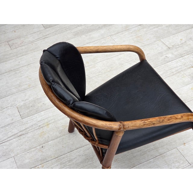 Danish Armchair in Rattan and Black Leatherette, 1970s For Sale - Image 16 of 18