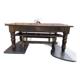 Vintage Rustic Farmhouse Dining Table With Two Benches For Sale