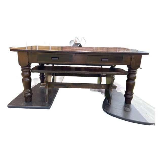 Vintage Rustic Farmhouse Dining Table With Two Benches For Sale