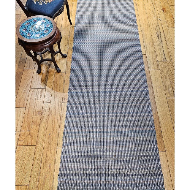 Antique American Amish Rag Runner, Handwoven Wool & Cotton, Stripe Pattern, Gray & Blue, 3x14 For Sale - Image 4 of 12