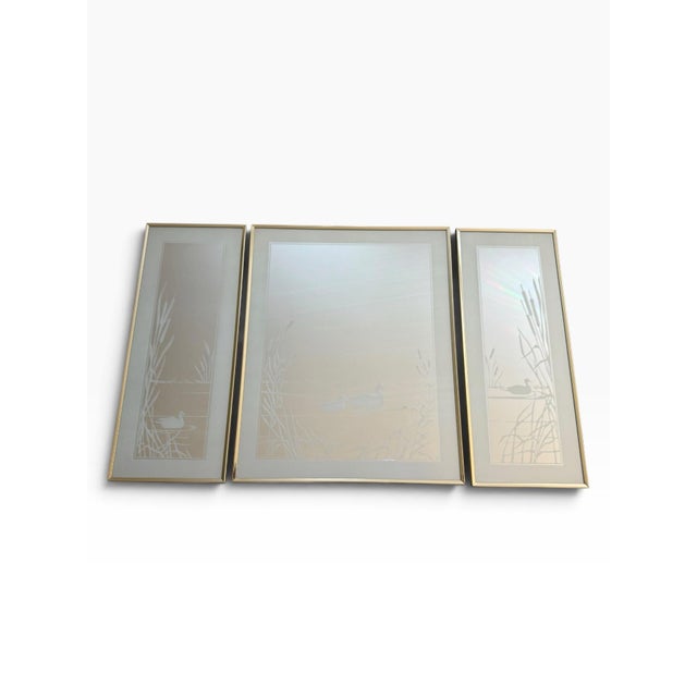 Hollywood Regency Vintage Three-Piece Swan Etched Mirror Set With Gold-Tone Frames For Sale - Image 3 of 8