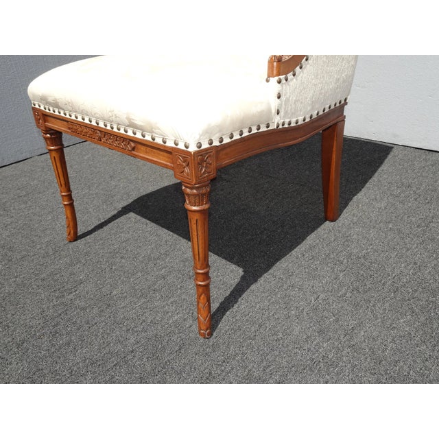 Vintage Traditional French White Silk Damask Accent Chair W Decor Nails For Sale - Image 10 of 13
