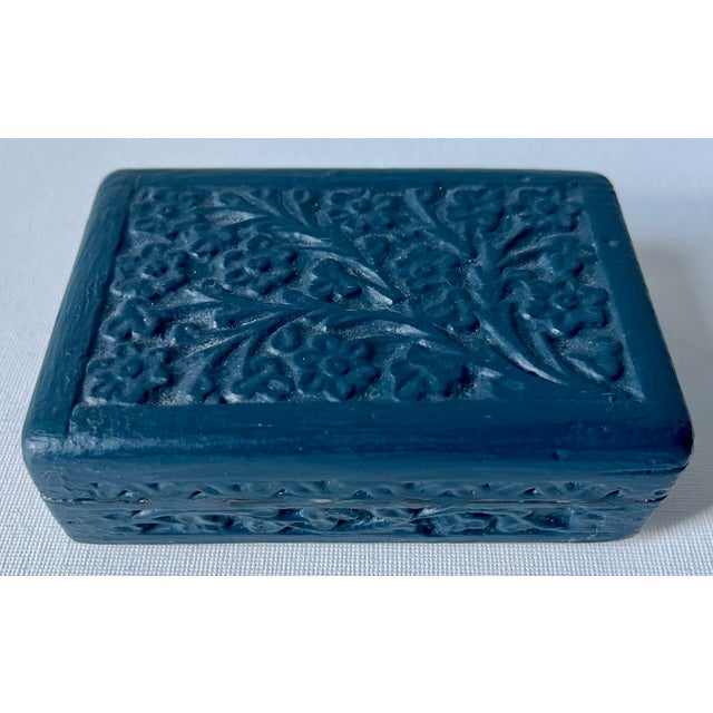 This charming vintage hand-carved Anglo-Indian carved box has been painted with Farrow & Ball 'Hague Blue'. Makes a nice...
