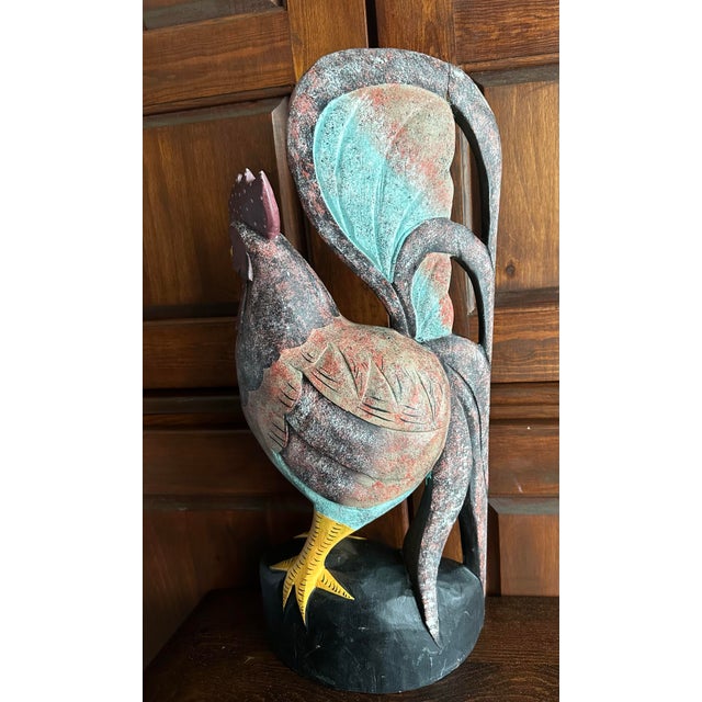 Farmhouse Vintage Late 20th Century Large Hand Carved/Hand Painted Folk Art Rooster For Sale - Image 3 of 12