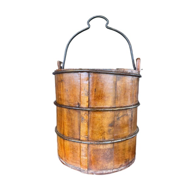 Antique Primitive Wooden Bucket With Wrought Iron Bands | Chairish