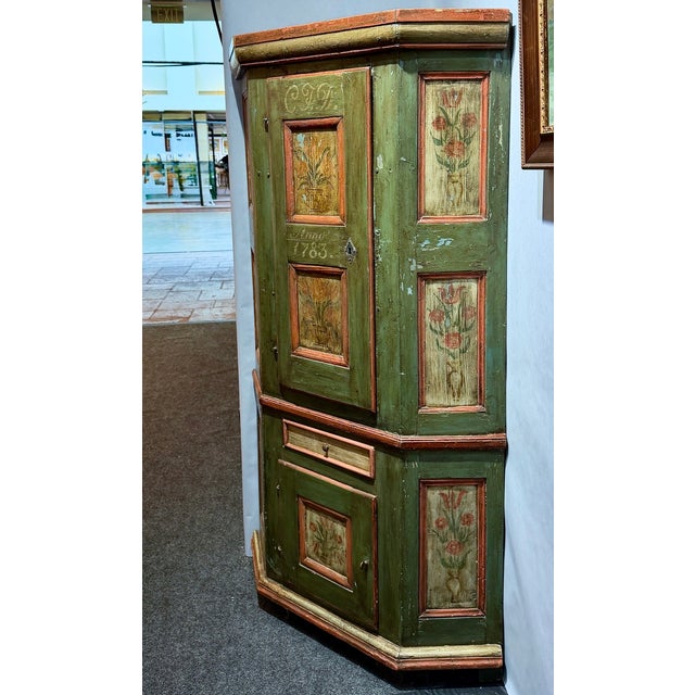 Late 18th Century Swedish Blue-Green Painted Folk Art Corner Cabinet For Sale - Image 4 of 18