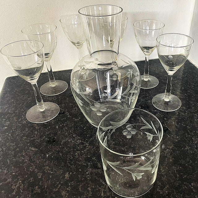 Vintage Bohemia Engraved Glass Carafe and Glasses, 1950s, Set of 8 For Sale - Image 6 of 18