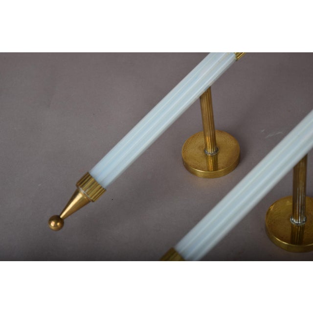 Metal French Blue Opaline Glass and Brass Torch Wall Sconces with Glass Shades, 1950s, Set of 2 For Sale - Image 7 of 15