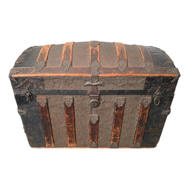 Monumental Victorian Dome Top Steamer Trunk With Rare Floral Embossed Tin and Pony Express Wichita Kansas Label For Sale