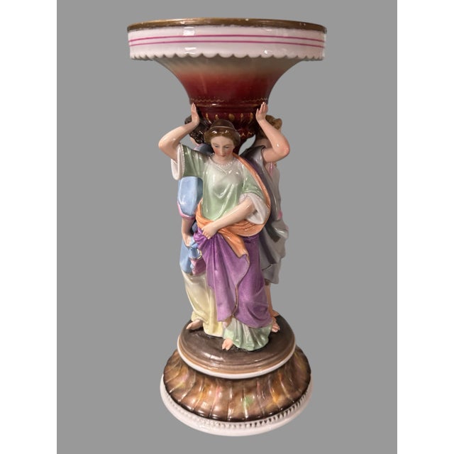 Victorian Antique Victorian 11.5" 3 Graces Figural Porcelain Compote Candlestick Vase With Glossy Finish For Sale - Image 3 of 8