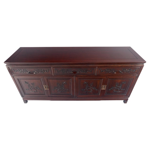 Asian Mid Century Modern Carved 4 Doors 3 Drawers Credenza Dark Solid Teak MINT