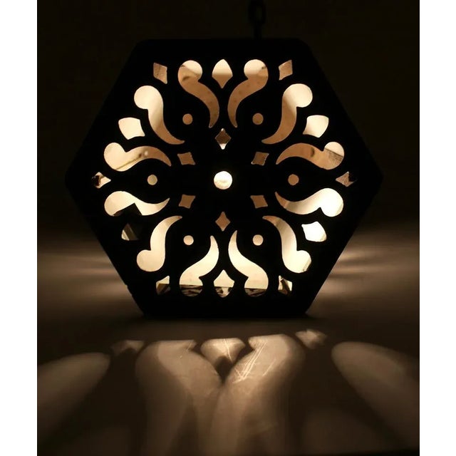 1920s Spanish Gothic Style Cast Iron Hexagonal Form Pendant Lantern For Sale - Image 11 of 13