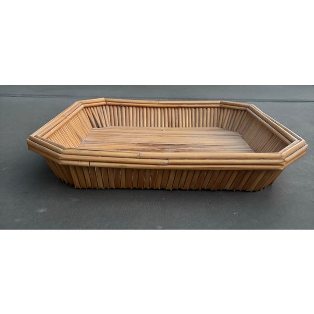 Vintage Square Bamboo & Rattan Clipped-Corner Serving Tray For Sale - Image 4 of 12