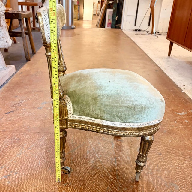 Vintage Hollywood Regency Neoclassical Vanity Chair / Slipper Chair in Sage Velvet With Giltwood Frame & Casters For Sale - Image 10 of 12