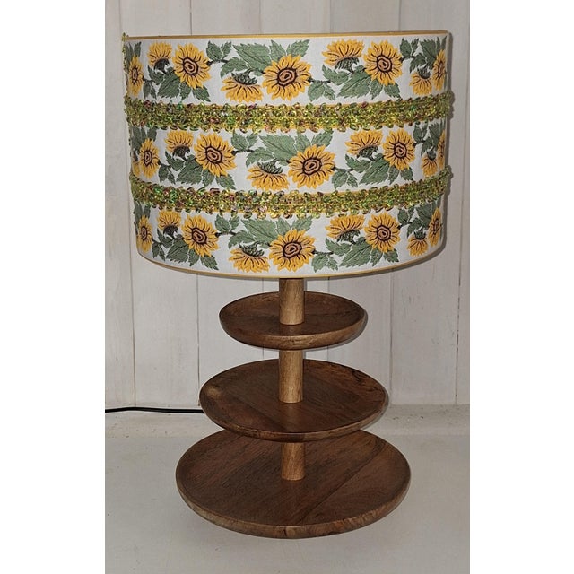 Vintage Table Lamp with Tiered Base in Walnut and Shade, 1990s, in Very Good conditions. Designed 1990 to 1999 European...