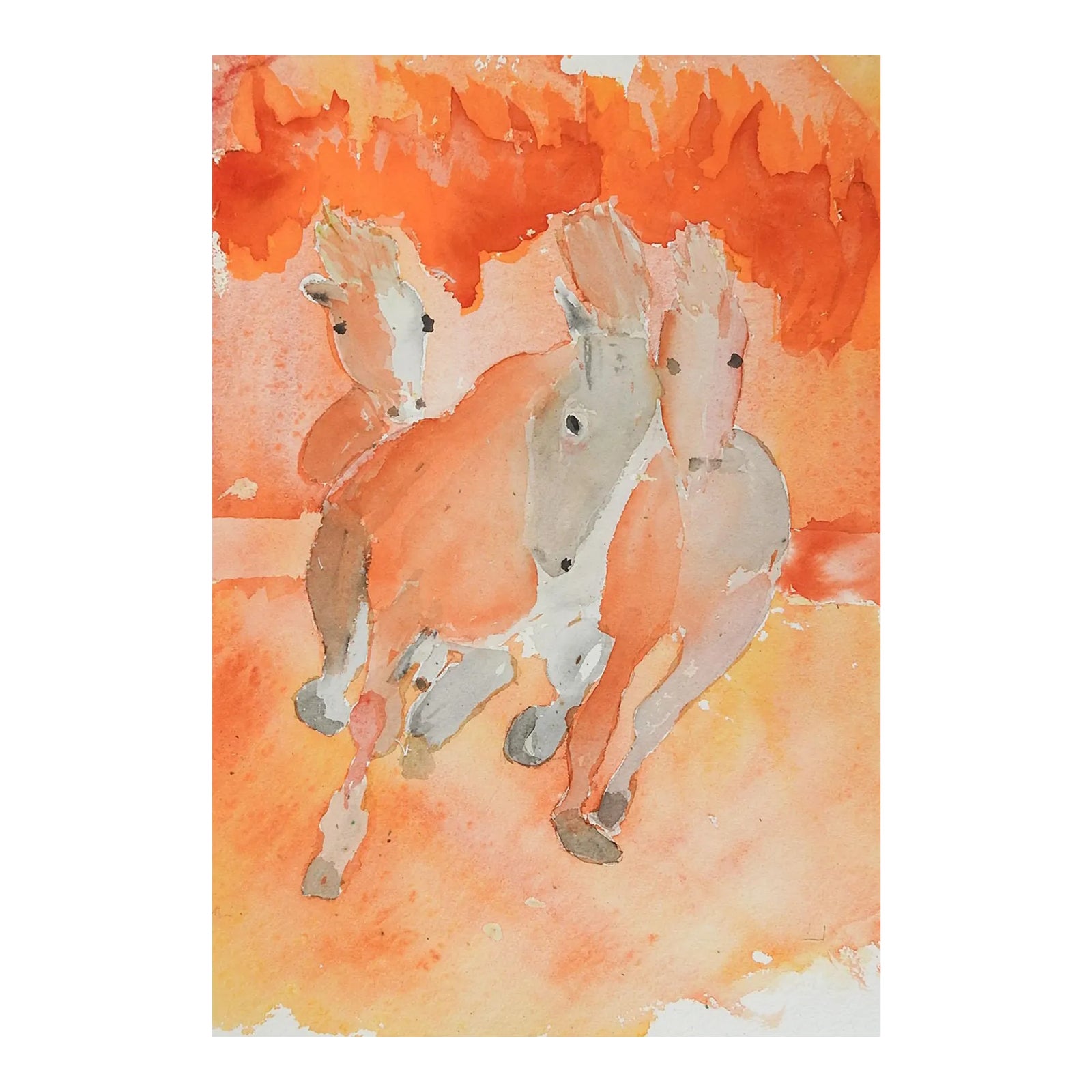 Vintage Abstract Orange Horses Watercolor Painting Chairish