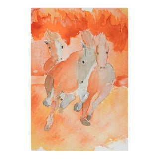 Vintage Abstract Orange Horses Watercolor Painting For Sale