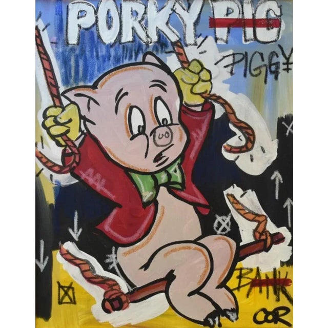 Original one-of-a-kind contemporary fun cartoon illustration portrait oil painting on stretched artist's canvas of Porky...