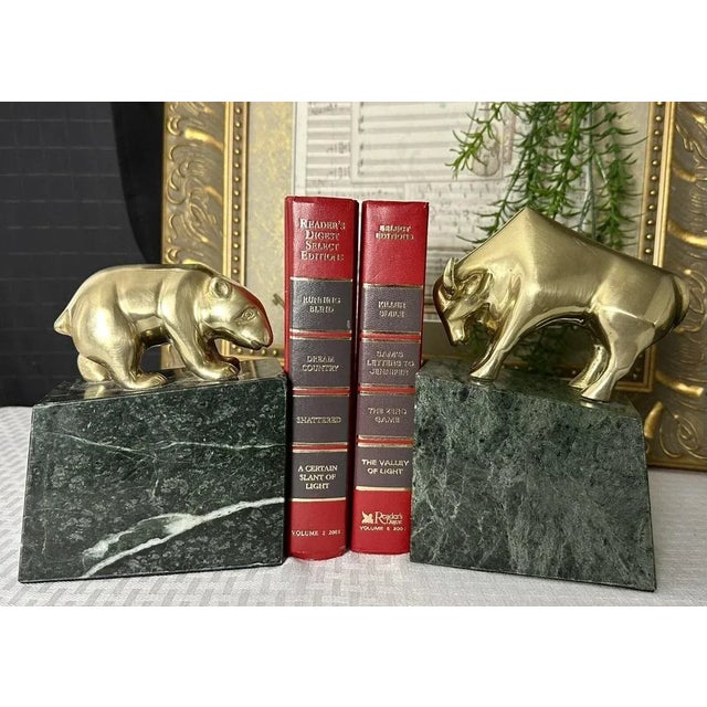 Brass Bull and Bear Book Ends MCM Brass Wall Street Book Holders - A Pair For Sale - Image 10 of 11
