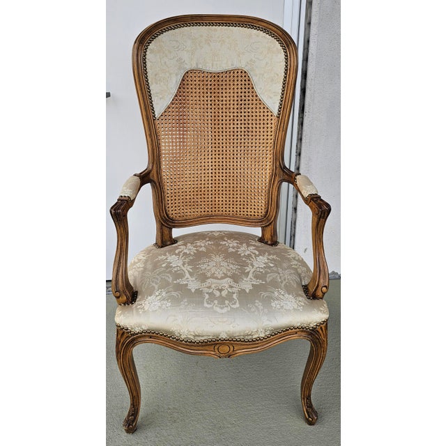 Late 20th Century Late 20th Century Louis XV Style Brass Nail Studded, Caned and Partial Upholstered Fauteuil For Sale - Image 5 of 11