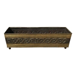 Vintage English Brass Long Embossed Planter For Sale