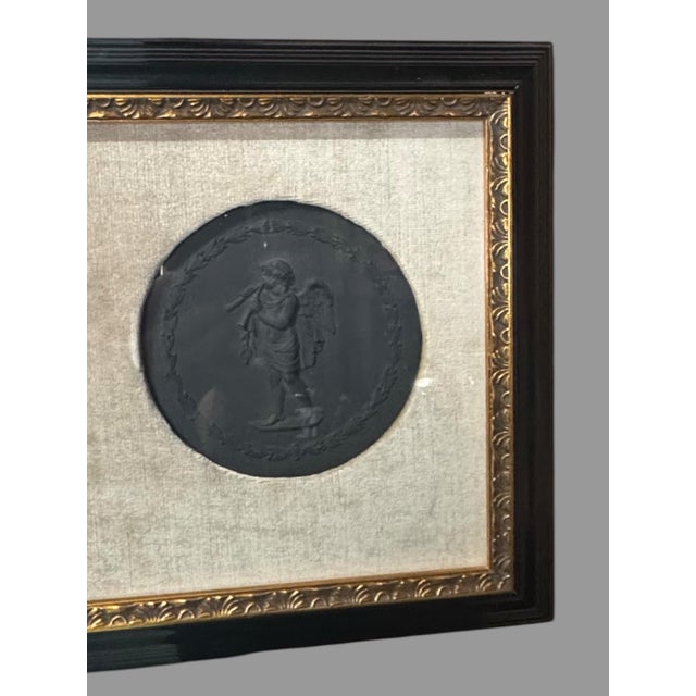 Victorian 2 Antique Victorian Wedgwood Basalt Plaques With Flute Playing Cherub & Angel For Sale - Image 3 of 9