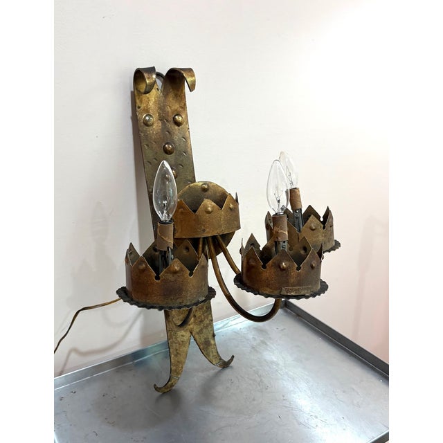 Curtis Jere Wrought Iron Gothic Revival 3-Light Wall Lamp For Sale - Image 4 of 7