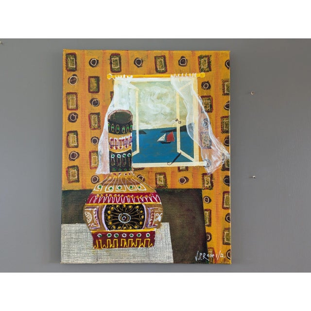 PATTERNED VASE Size: 19.9 x 15.6 inches Oil on canvas A playful modernist interior composition, painted in oil onto...