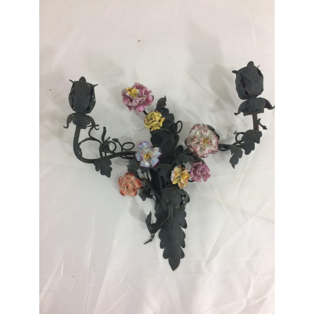 French Country French Sconces with Porcelain Flowers - A Pair For Sale - Image 3 of 6